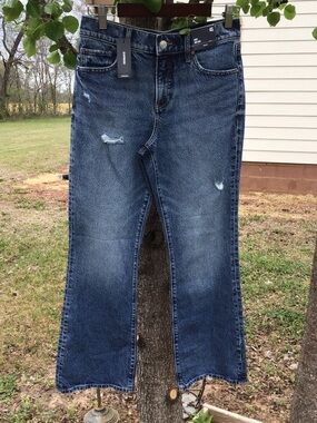 Express Women's White Wash Blue Boot Cut Jeans with Distressed Accents